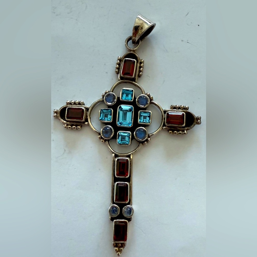 Vintage NICKY BUTLER Sterling Topaz Garnet & Moonstone Cross Pendant